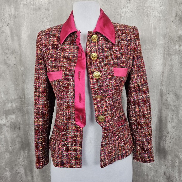 Ruty Paris Made in France Bouclé Tweed Blazer Pink Satin Trim Gold‎ Buttons 44 - Picture 8 of 15